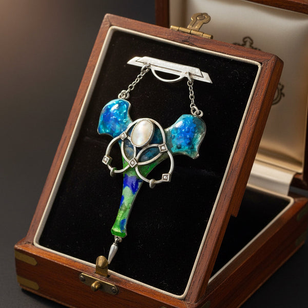 Antique Art Nouveau Enamel Pearl Brooch Sterling Silver