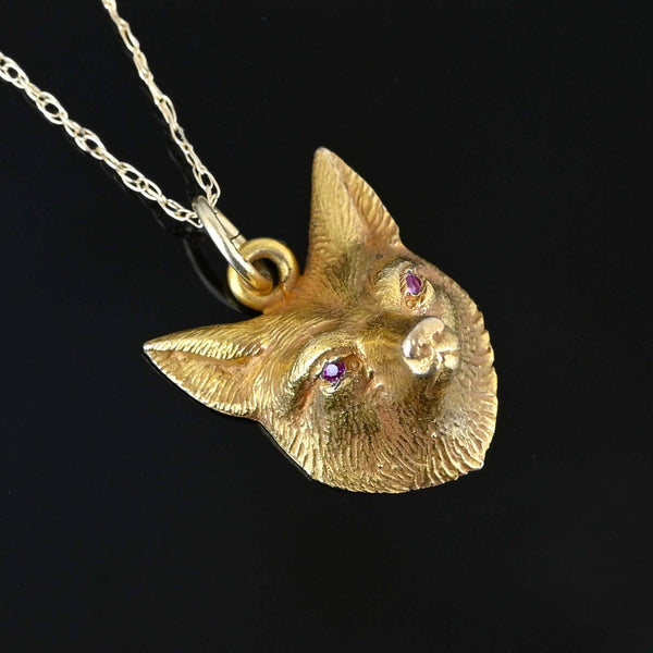 Antique 14K Gold Ruby Eye Fox Pendant Necklace - Boylerpf