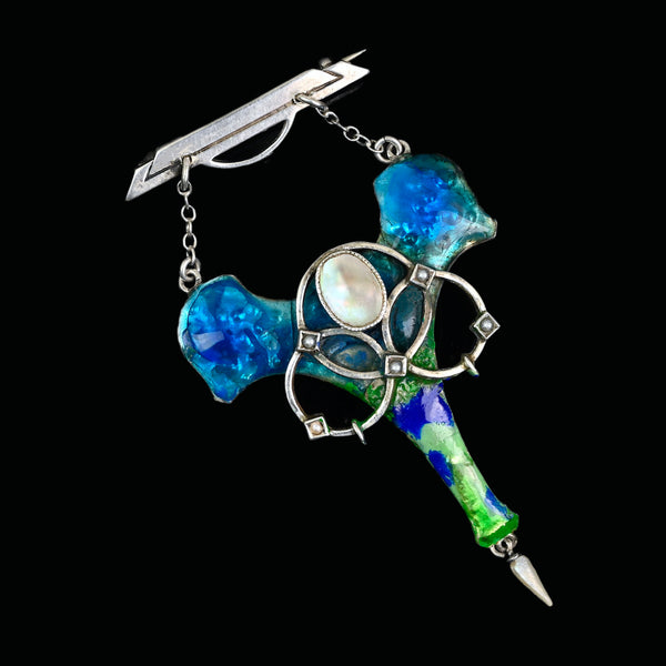 Antique Art Nouveau Enamel Pearl Brooch Sterling Silver