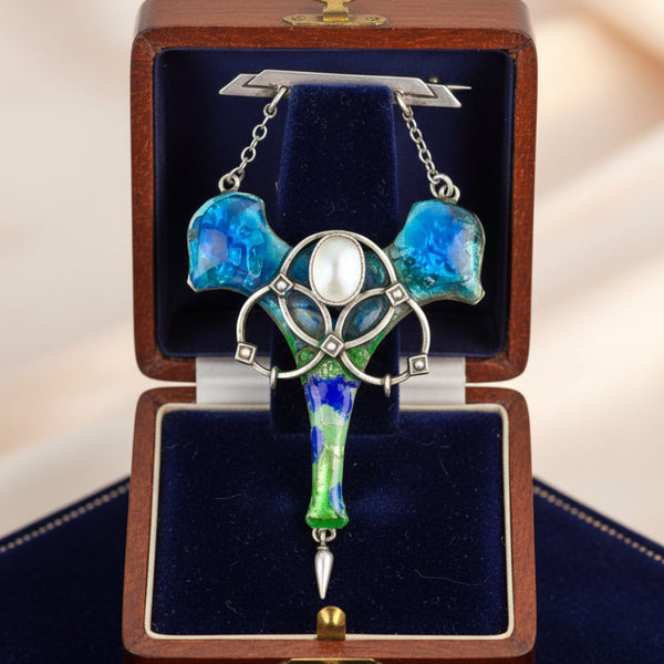Antique Art Nouveau Enamel Pearl Brooch Sterling Silver