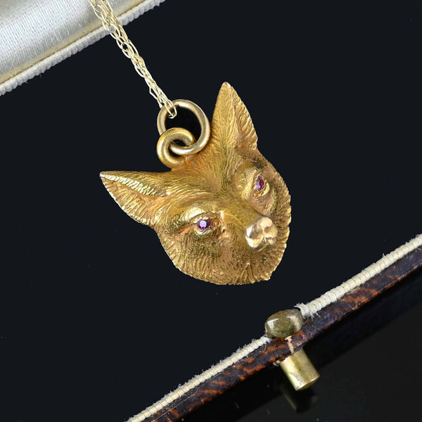 Antique 14K Gold Ruby Eye Fox Pendant Necklace - Boylerpf
