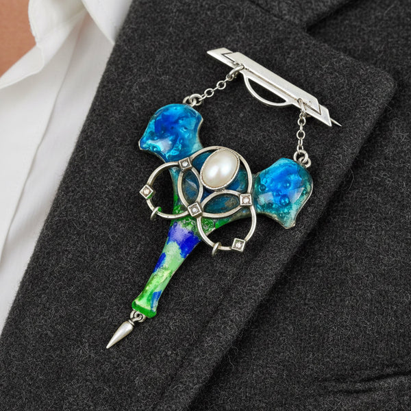 Antique Art Nouveau Enamel Pearl Brooch Sterling Silver