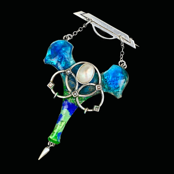 Antique Art Nouveau Enamel Pearl Brooch Sterling Silver