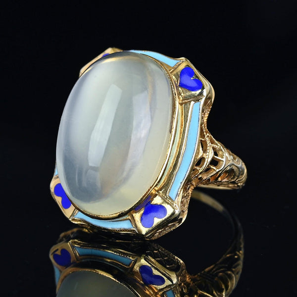 Art Deco Blue Enamel 14K Gold Filigree Moonstone Ring - Boylerpf