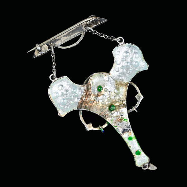 Antique Art Nouveau Enamel Pearl Brooch Sterling Silver
