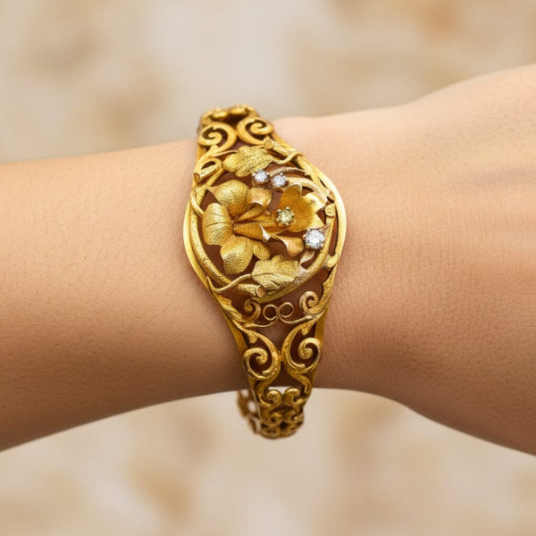 Antique Edwardian Yellow Diamond Floral Bracelet 14K Gold - Boylerpf