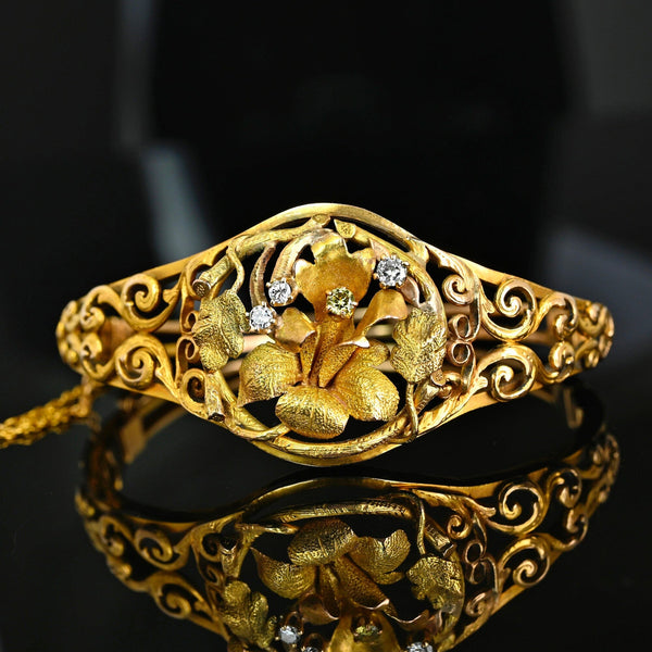 Antique Edwardian Yellow Diamond Floral Bracelet 14K Gold - Boylerpf