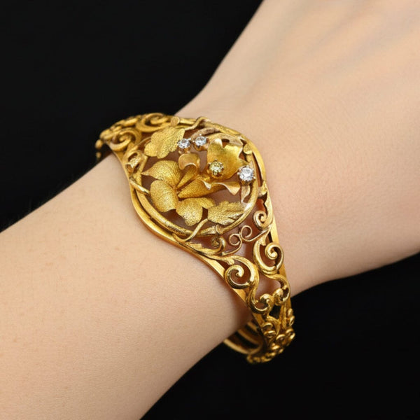 Antique Edwardian Yellow Diamond Floral Bracelet 14K Gold - Boylerpf