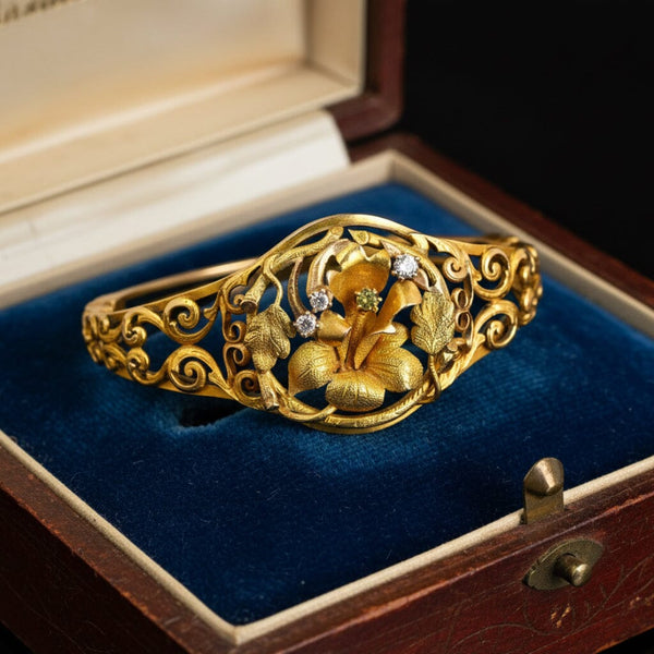 Antique Edwardian Yellow Diamond Floral Bracelet 14K Gold - Boylerpf