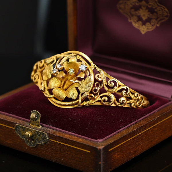 Antique Edwardian Yellow Diamond Floral Bracelet 14K Gold - Boylerpf