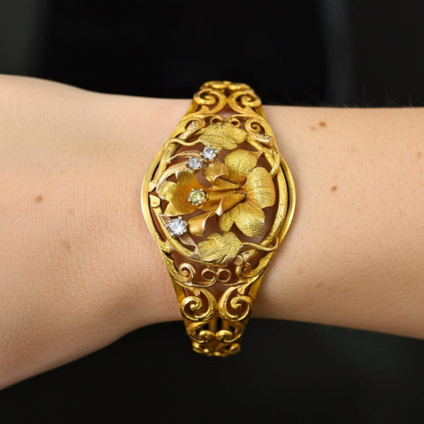 Antique Edwardian Yellow Diamond Floral Bracelet 14K Gold - Boylerpf