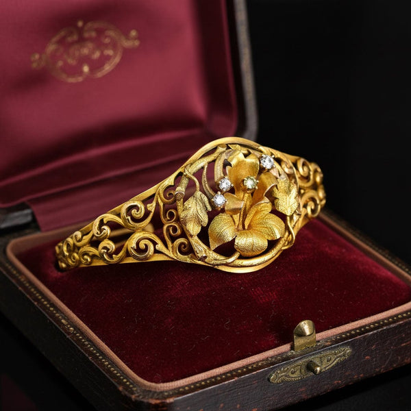 Antique Edwardian Yellow Diamond Floral Bracelet 14K Gold - Boylerpf
