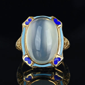 Art Deco Blue Enamel 14K Gold Filigree Moonstone Ring - Boylerpf