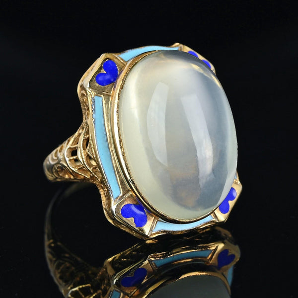 Art Deco Blue Enamel 14K Gold Filigree Moonstone Ring - Boylerpf