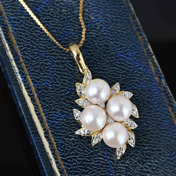 Pearl Cluster Diamond Leaf Pendant Necklace in 14k Gold - Boylerpf
