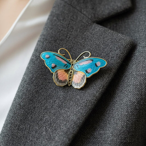 Antique Hroar Prydz Guilloche Enamel Butterfly Brooch