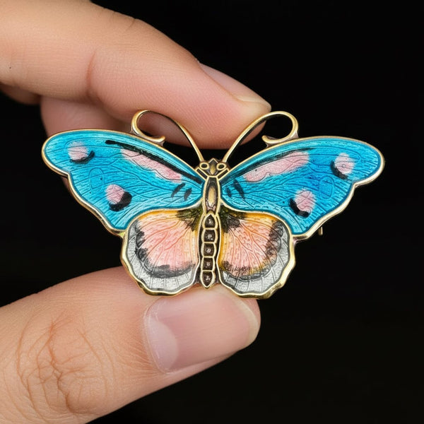 Antique Hroar Prydz Guilloche Enamel Butterfly Brooch