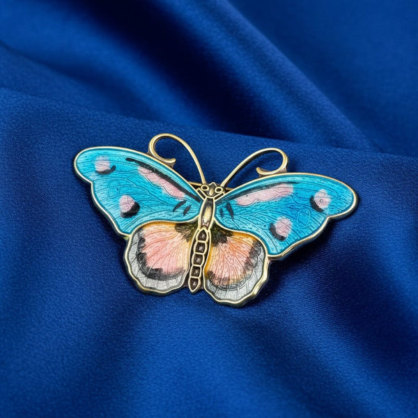 Antique Hroar Prydz Guilloche Enamel Butterfly Brooch