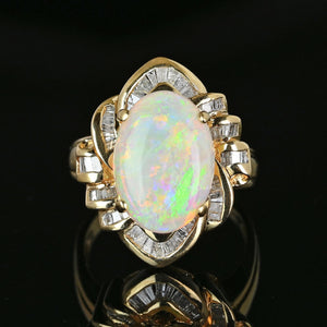 Vintage 14K Gold Baguette Diamond Opal Cocktail Ring - Boylerpf