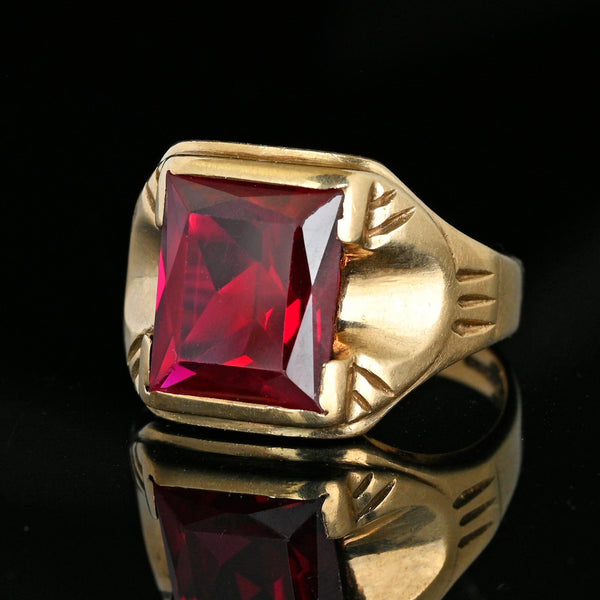 Mens Vintage Art Deco Gold Ruby Signet Ring - Boylerpf