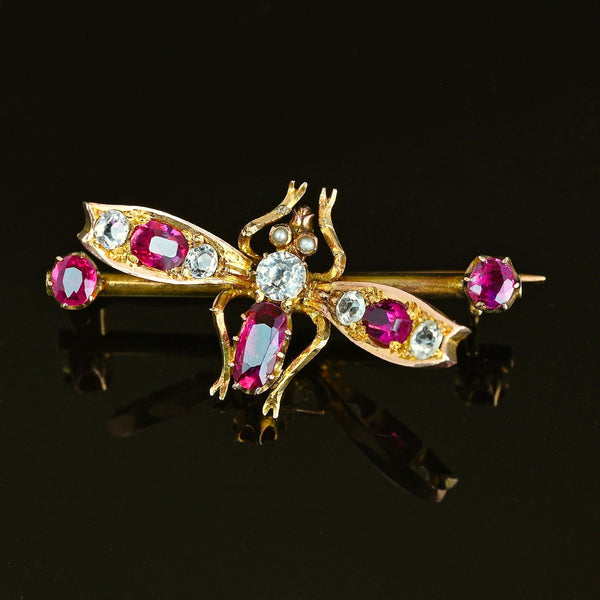Antique 14K Gold Sapphire & Ruby Fly Insect Brooch - Boylerpf