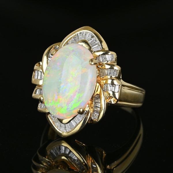 Vintage 14K Gold Baguette Diamond Opal Cocktail Ring - Boylerpf