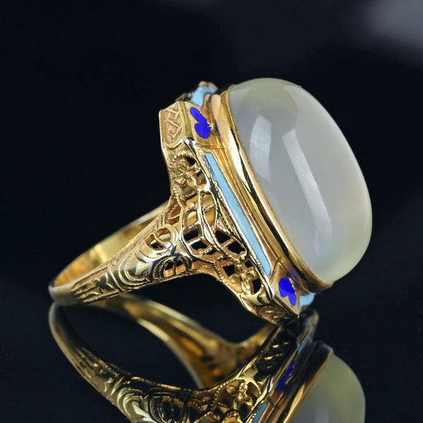 Art Deco Blue Enamel 14K Gold Filigree Moonstone Ring - Boylerpf