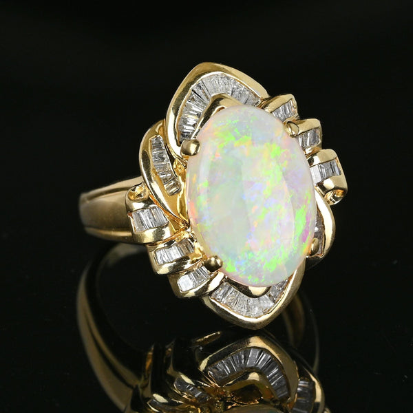 Vintage 14K Gold Baguette Diamond Opal Cocktail Ring - Boylerpf