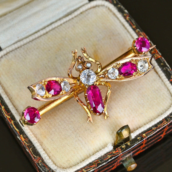 Antique 14K Gold Sapphire & Ruby Fly Insect Brooch - Boylerpf