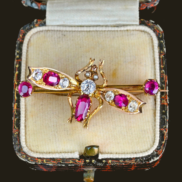 Antique 14K Gold Sapphire & Ruby Fly Insect Brooch - Boylerpf