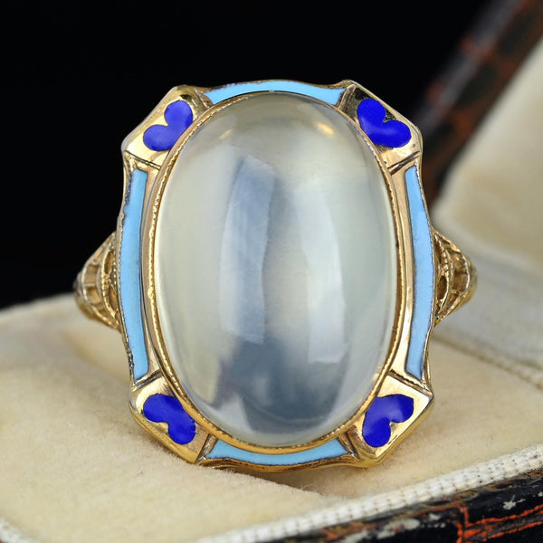 Art Deco Blue Enamel 14K Gold Filigree Moonstone Ring - Boylerpf