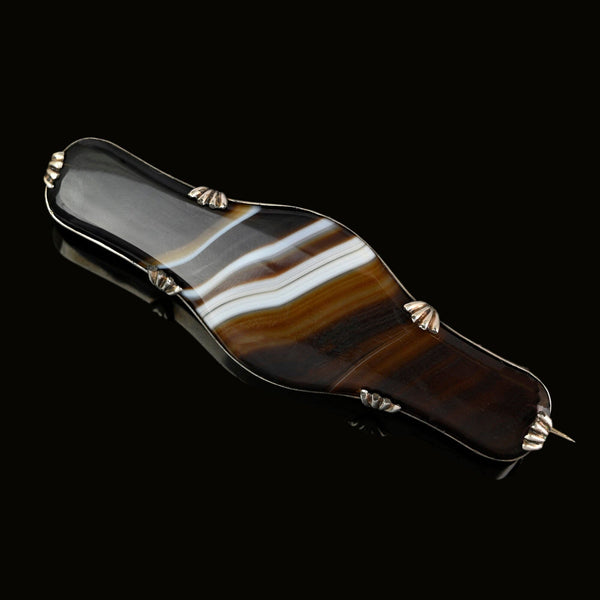 Antique Large Silver Scottish Banded Agate Brooch