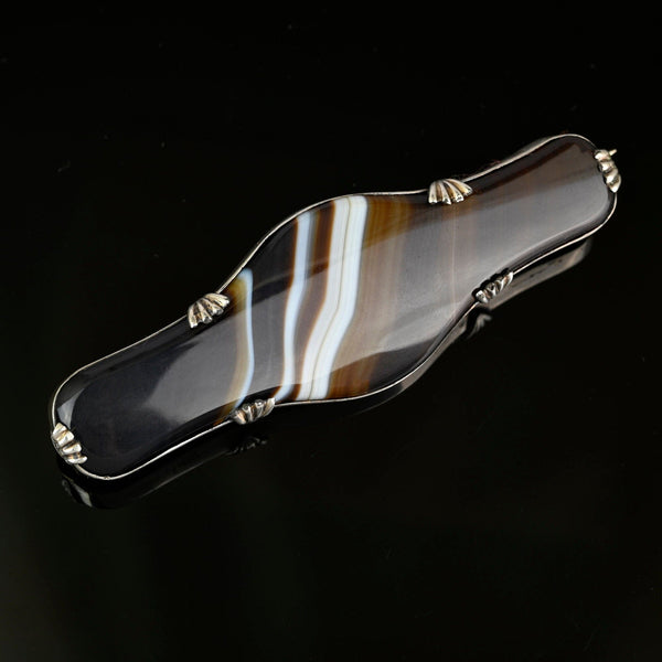 Antique Large Silver Scottish Banded Agate Brooch