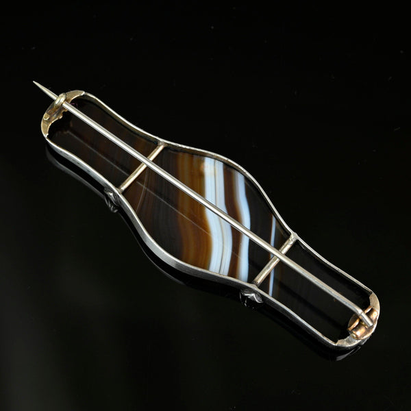 Antique Large Silver Scottish Banded Agate Brooch
