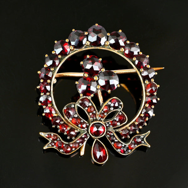 Antique Victorian Wreath and Shamrock Garnet Brooch