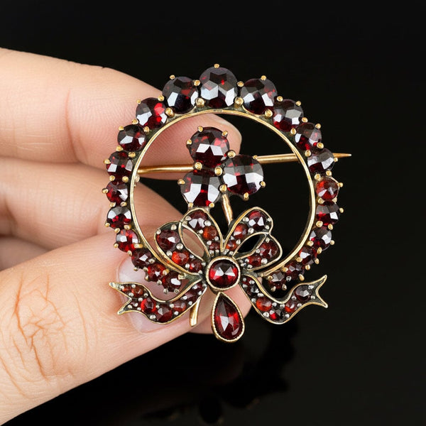 Antique Victorian Wreath and Shamrock Garnet Brooch
