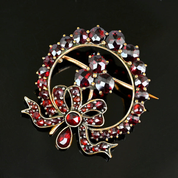 Antique Victorian Wreath and Shamrock Garnet Brooch