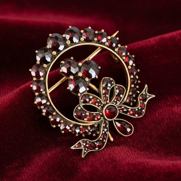 Antique Victorian Wreath and Shamrock Garnet Brooch