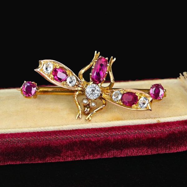 Antique 14K Gold Sapphire & Ruby Fly Insect Brooch - Boylerpf