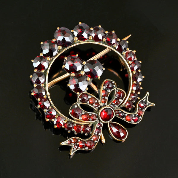 Antique Victorian Wreath and Shamrock Garnet Brooch