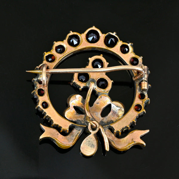 Antique Victorian Wreath and Shamrock Garnet Brooch