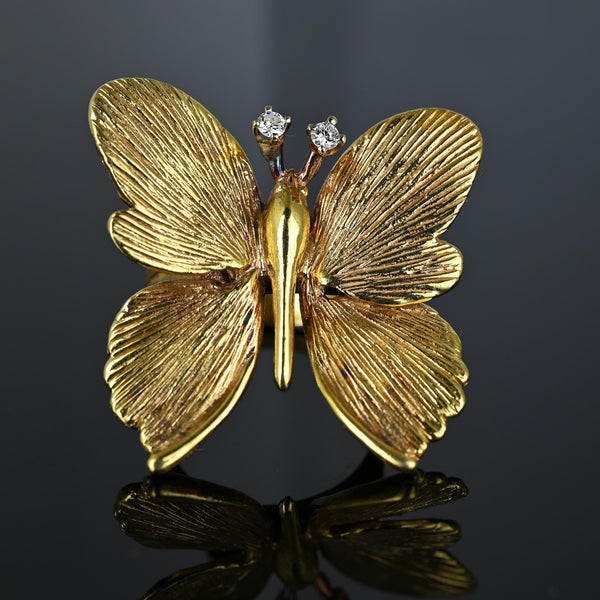 Impressive Diamond Textured 14K Gold Butterfly Ring - Boylerpf