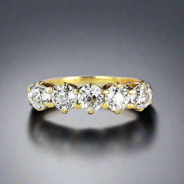 Antique 14K Gold Five Stone 1.1 Carat Mine Cut Diamond Ring Band - Boylerpf