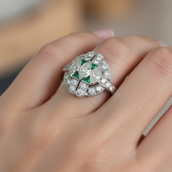 Art Deco Emerald Diamond Ring, Platinum Vintage 1920s - Boylerpf