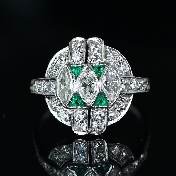 Art Deco Emerald Diamond Ring, Platinum Vintage 1920s - Boylerpf