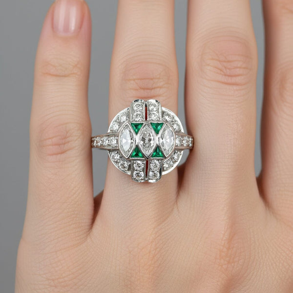 Art Deco Emerald Diamond Ring, Platinum Vintage 1920s - Boylerpf