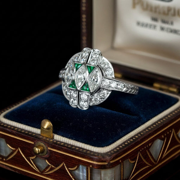 Art Deco Emerald Diamond Ring, Platinum Vintage 1920s - Boylerpf
