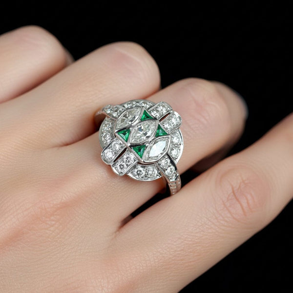 Art Deco Emerald Diamond Ring, Platinum Vintage 1920s - Boylerpf