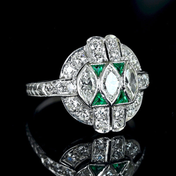 Art Deco Emerald Diamond Ring, Platinum Vintage 1920s - Boylerpf