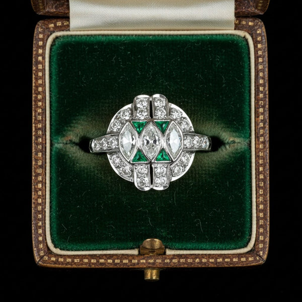 Art Deco Emerald Diamond Ring, Platinum Vintage 1920s - Boylerpf